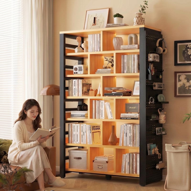 Grid Bookshelf Floor-Standing Storage Rack Trendy Bookcase Storage Cabinet Integrated Against the Wall for Home Use Children's Living Room Partition Steel-Made
