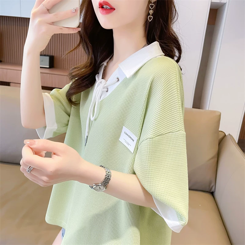 Summer design short sleeve T-shirt, polo collar, oversize, Korean style, for teenagers, western style, trend of season