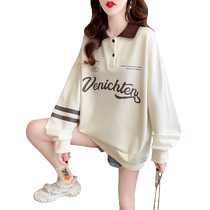 Large size womens polo collar sweatshirt womens spring and autumn thin section 2023 new early spring Korean style loose lazy top jacket