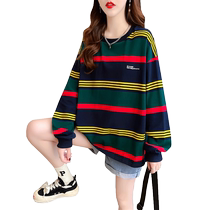 Plus size womens retro striped sweatshirt womens spring and autumn 2023 new design niche loose long-sleeved top trendy