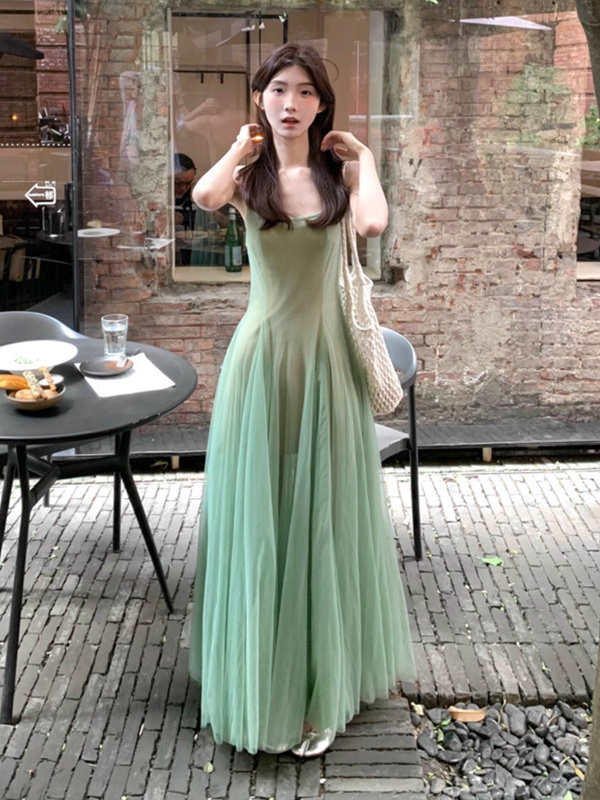 Mint Manbo Green Mesh Backless Suspender Long Dress for Women, Summer High-End Exquisite Slim-Fit Holiday Style Fairy Dress