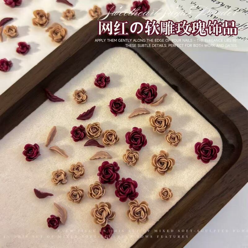 Soft Carved Melard Camellia Nail Art Accessories Internet Celebrity ins Style Dark Night Red Mixed Rose Nail Decorations