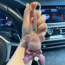 Upscale delicate little bear inlaid drill key buckle woman cute car key cartoon hanging decoration bag pendant mesh red key ring