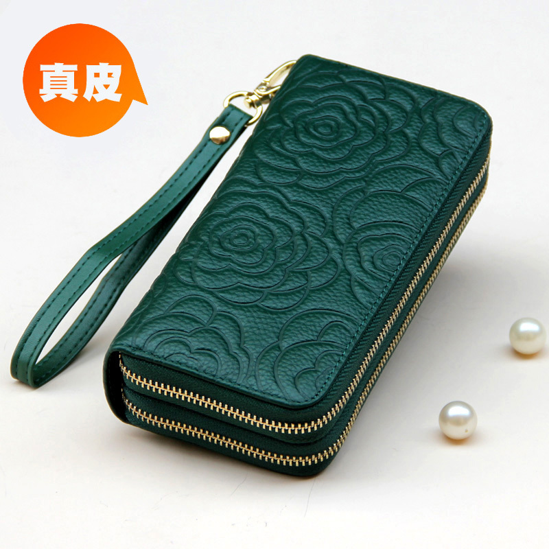Genuine Leather Women's Wallet Long Double-Layer Zipper Clutch Green Large Capacity Fashionable Soft Cowhide Phone Bag Yellow