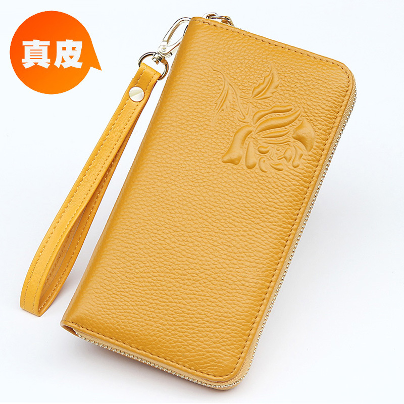 Women's Genuine Leather Long Wallet, Yellow Zipper Style, Women's Clutch Bag, Cowhide Wallet, Large Capacity, Money-Attracting Clutch Bag