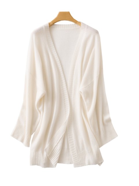 Shengyan 100% Pure Cashmere Thin Cardigan Mid-Length V-Neck Loose Knit Sweater Shawl Coat