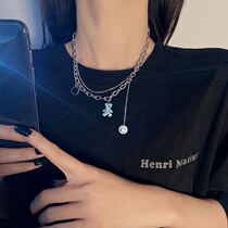Double Layer Small Bear Necklace Woman Summer Pure Silver Small Crowd Design Sensation Smiley Face Lock Bone Chain 2021 New Fur Coat Chain Accessories