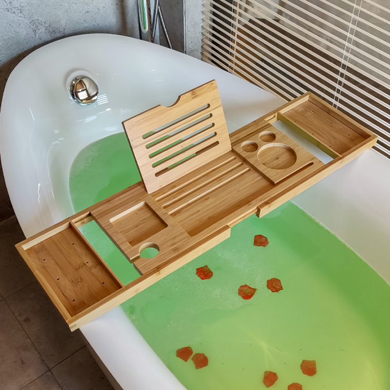 Bath Stand, Bathtub Storage Rack, Bathtub Holder for Mobile Phone, Towel, Soap, Retractable Anti-Slip Board, Solid Wood Bamboo Tray