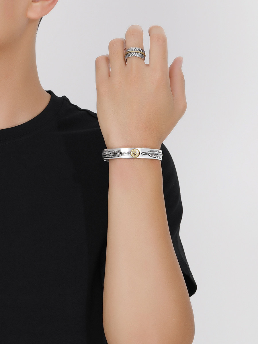 THAI SILVER TREND PERSONALITY EAGLE OPEN BRACELET WOMENS S  VINTAGE DOUBLE FEATHER DOT GOLD BIRD MENS BRACELET