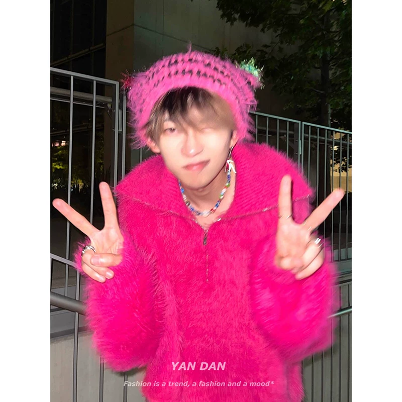 Фуксия свитер с молнией из вязки, мужская куртка, стиль высокого качества, американский стиль