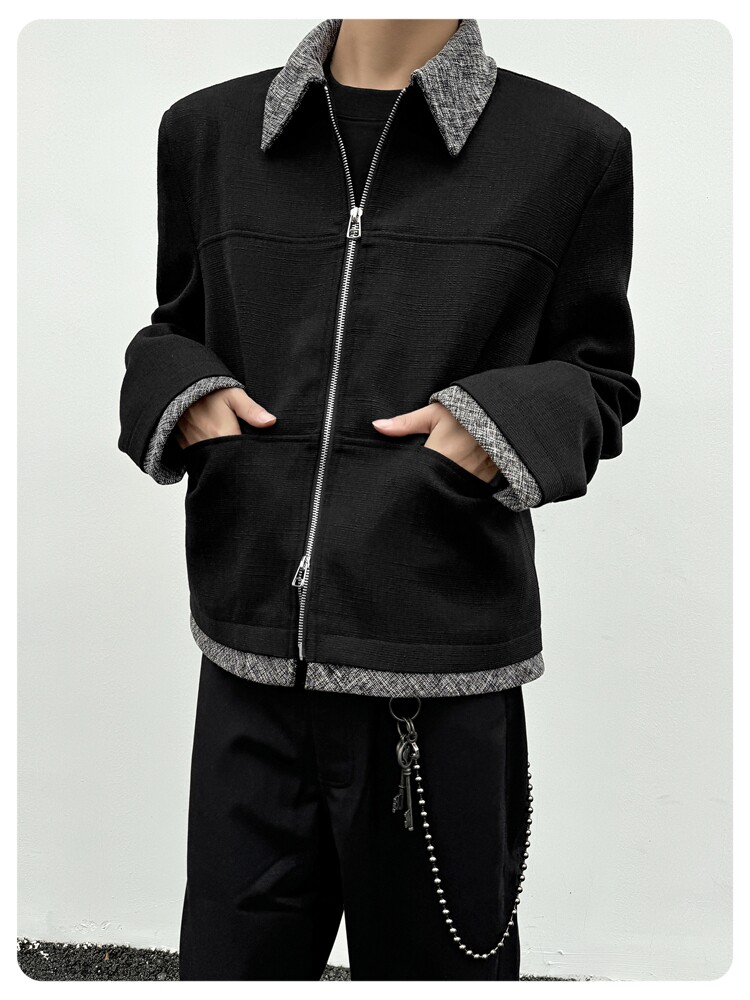 Джинсовая рубашка 美式复古短款垫肩小香风夹克cleanfit撞色拼接翻领外套男宽松上衣