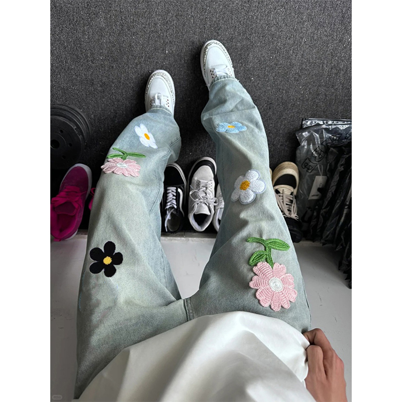 Floral Embroidery Flared Jeans European and American Hip-Hop Street Style Pants for Men with a High-End Design and Straight-Leg Casual Pants