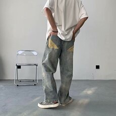 Одежда модная солнца защиты 欧美hiphop炸街裤子男ins复古水洗做旧牛仔裤oldschool小众直筒裤