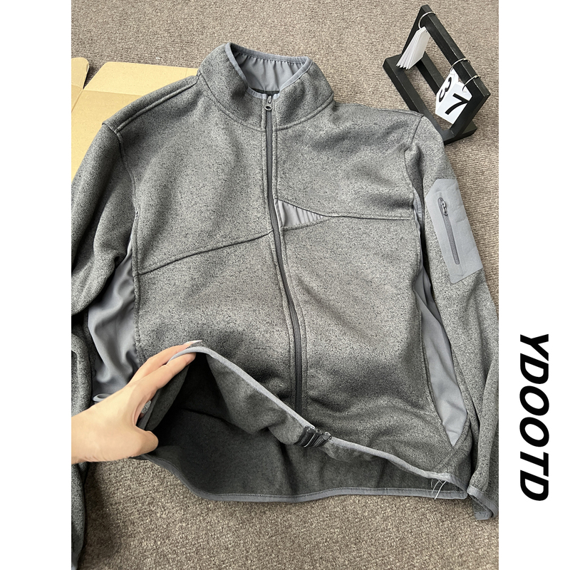 Dark Gray Stand-Up Collar Structure Splicing Fleece Jacket for Men and Women, Spring and Autumn Zip-Up Cardigan, Outdoor Sports and Commuting Jacket