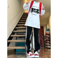Повседневные брюки 美式复古侧边条纹运动裤男欧美高街hiphop裤子设计感高级感直筒裤