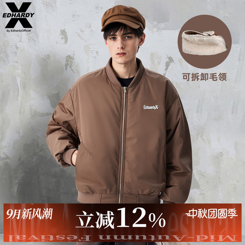 Edhardyx Letter Rhinestone Fur Collar down Jacket Unisex Winter Loose Warm Detachable Collar Coat Trendy