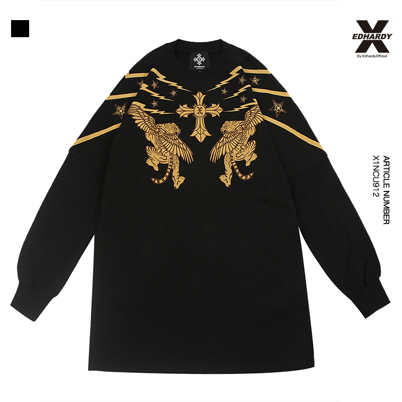 Edhardyx Spring and Autumn Trendy Brand Versatile Fashion Tiger Rhinestone Print Loose Women's Long Sweatshirt Dress