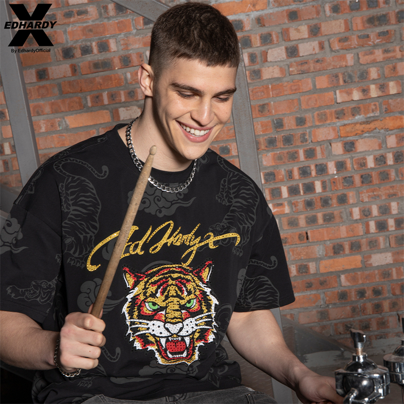 Ed Hardy X2025 New Summer Tiger Head Print Embossed Rhinestone Casual Korean Style Trendy T-Shirt