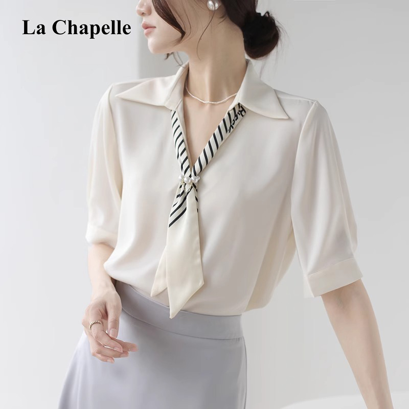 La Chapelle French-Style Ribbon Short-Sleeve Shirt for Women, Summer 2026 New Satin Professional Commuter Formal Top