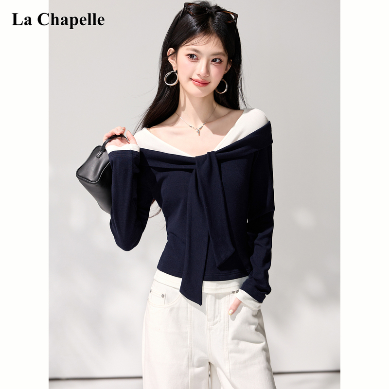 La Chapelle 2026 Spring New Style Fake Two-Piece V-Neck Tie Long Sleeve T-Shirt for Women, Unique Design Slim-Fit Top