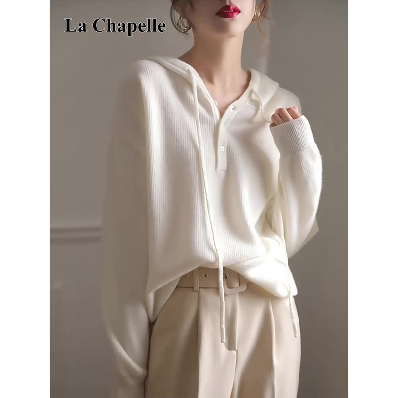 La Chapelle White Hooded Knit Sweater for Women, New Autumn Style, Lazy and Chic, Thin V-Neck Sweater