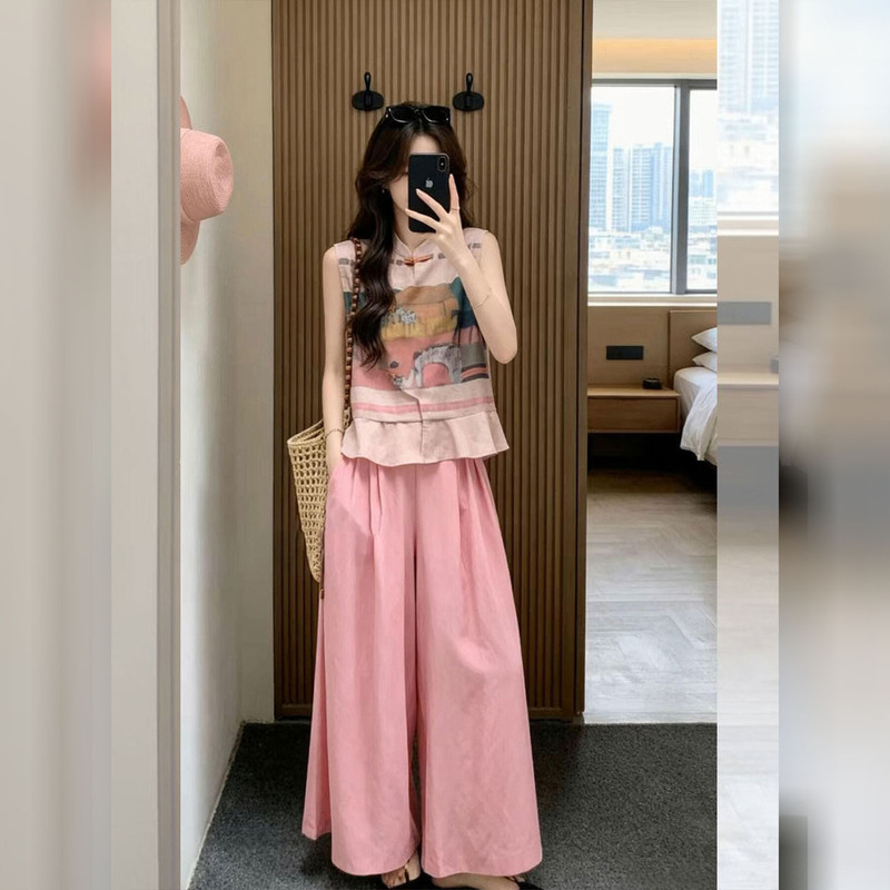 Pink Printed Sleeveless Top and Wide-Leg Pants Fashion Set for Women, 2026 Summer New Style, High-End and Elegant Two-Piece Set