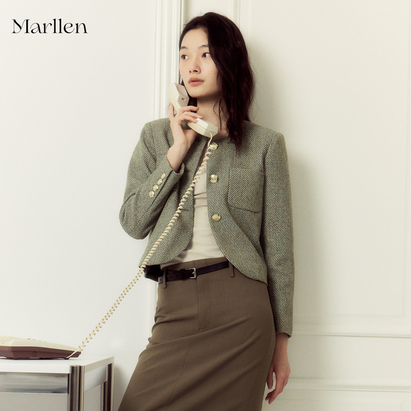 Marllen Fine Tweed Textured Wool Blend Round Neck Single-Breasted Short Elegant Commuter-Style Chanel-Inspired Jacket
