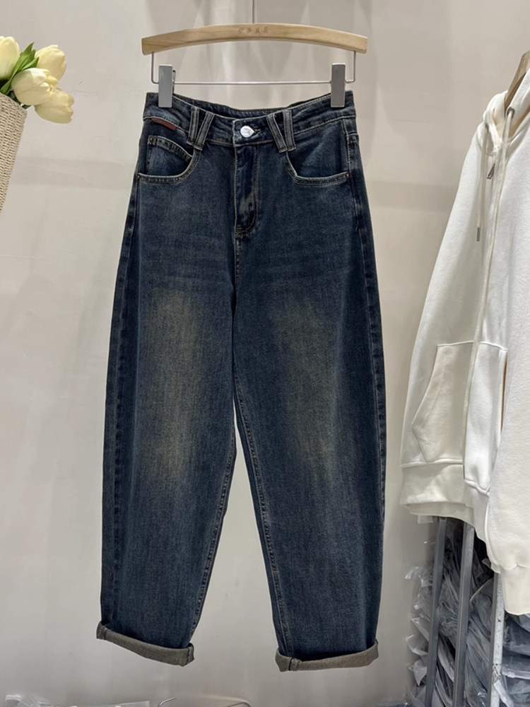 RETRO HIGH-WAISTED HAREM JEANS WOMENS SPRING AND AUTUMN STRAIGHT LOOSE SLIM SLIGHTLY CHUBBY PEAR BODY PLUS-SIZE DAD PANTS