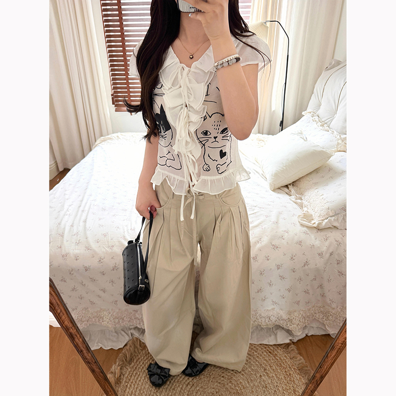 Sweet and Cool Style Rebellious Kitten Print V-Neck Tie-Up Semi-Transparent Short-Sleeve T-Shirt for Women, Summer White Hand-Painted Design Top Sweet and Cool Style Rebellious Kitten Print V-Neck Tie-Up Semi-Transparent Short-Sleeve T-Shirt for Women, Summer White Hand-Painted Design Top