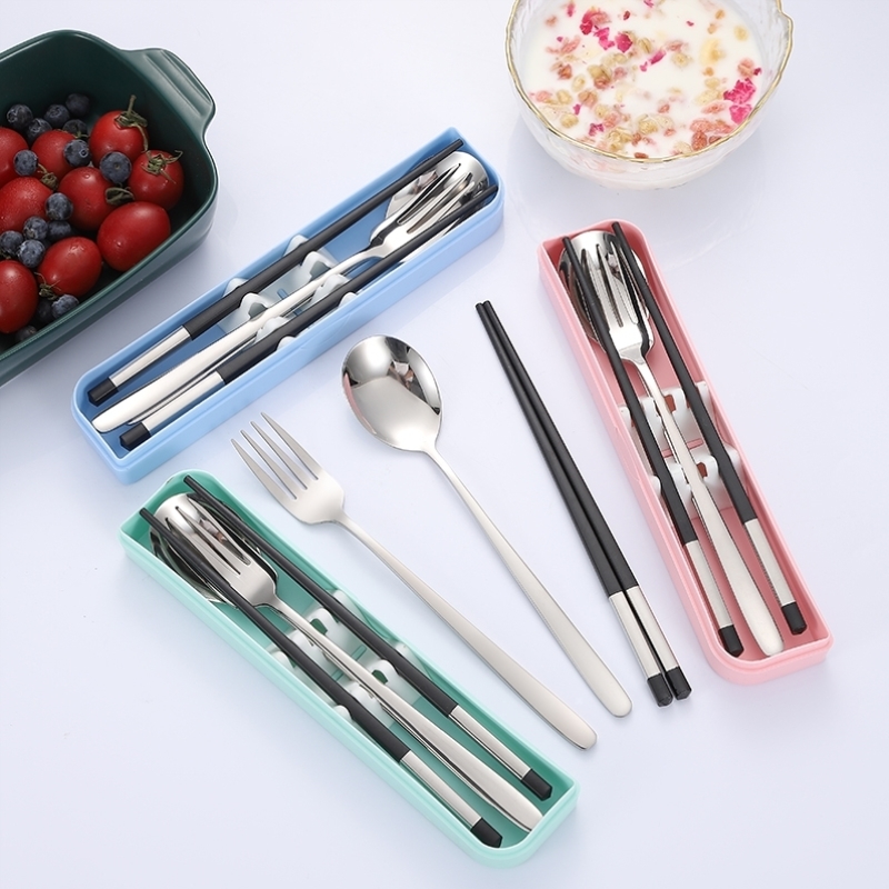 Can be inscribed 304 stainless steel portable tableware alloy chopsticks spoon three pieces suit Korean students to work custom