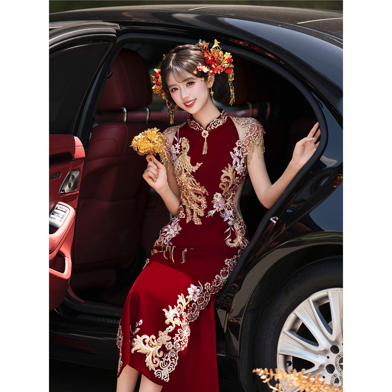 Burgundy Bridal Cheongsam with a High-End Feel, Elaborate Xiuhe Engagement Dress, Slim-Fit Dress for Women, Suitable for Homecoming Banquet and Toast Ceremony Burgundy Bridal Cheongsam with a High-End Feel, Elaborate Xiuhe Engagement Dress, Slim-Fit Dress for Women, Suitable for Homecoming Banquet and Toast Ceremony