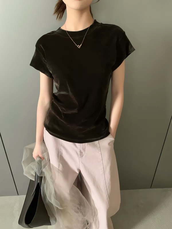 Kamanxi Oqqomm718 Genuine Early Autumn Korean-Style Round-Neck Velvet Short-Sleeve Slim-Fit T-Shirt for Women Kamanxi Oqqomm718 Genuine Early Autumn Korean-Style Round-Neck Velvet Short-Sleeve Slim-Fit T-Shirt for Women