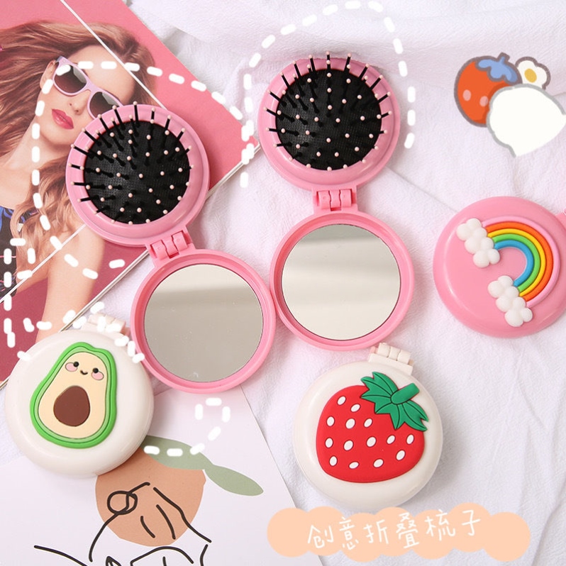 Folding cartoon airbag comb with makeup mirror cute portable plastic air cushion head massage mirror comb one