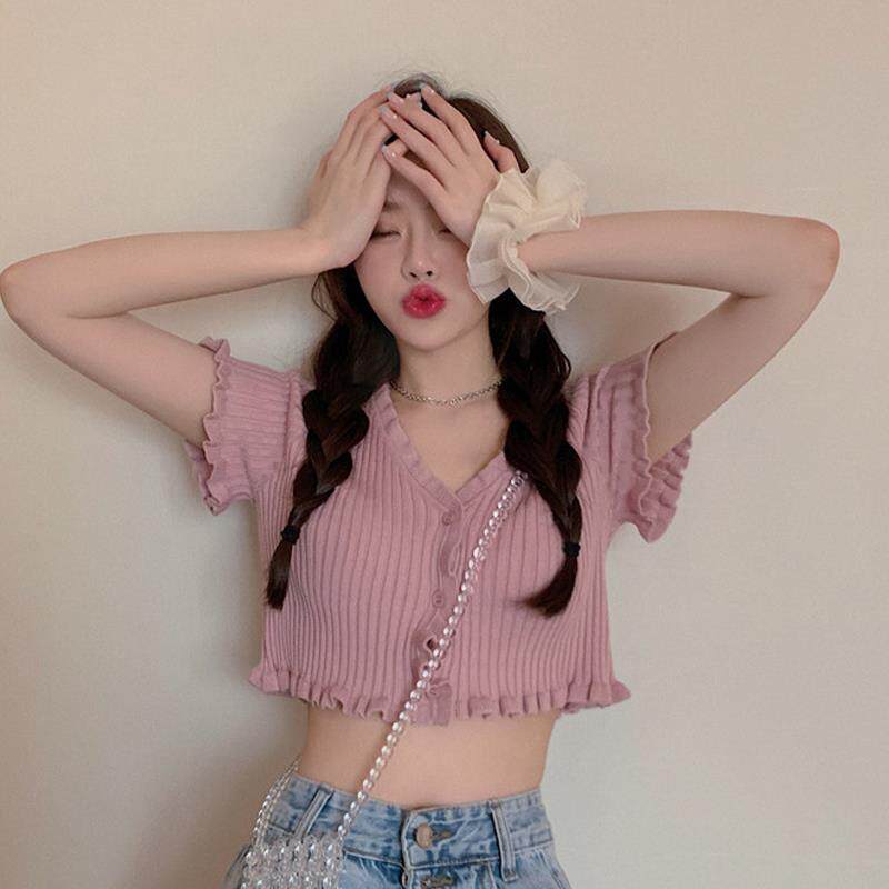 Pink Little Sweater Woman Summer V - collar Short - sleeved coat 2020 New Short - Short - knitted Sweater