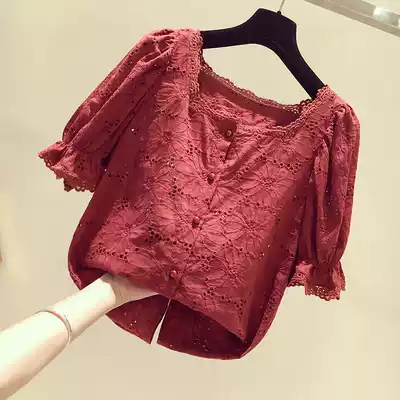 Square neck doll shirt top women's 2020 summer new Korean loose hollow jacquard red bubble sleeve t shirt