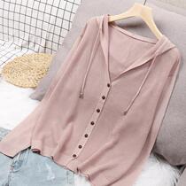 2020 new net red knitted cardigan jacket female hooded jacket female lazy wind Ice Silk button sunscreen thin