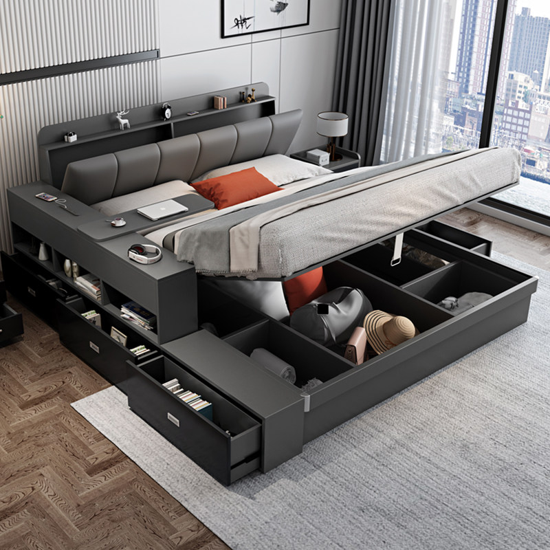 2021 new bed minimalist modern light extravagant master bedroom High case air pressure storage small family type tatami double bed