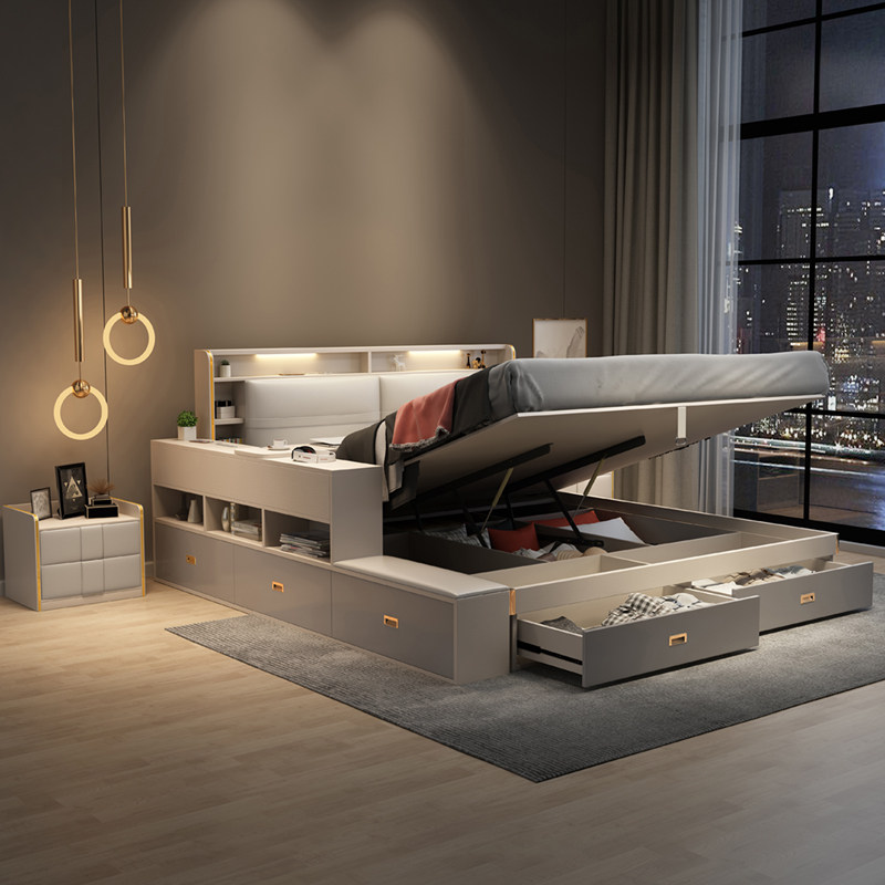 Bed modern minimalist high box storage bed small apartment double bed Nordic light luxury master bedroom large bed storage board bed