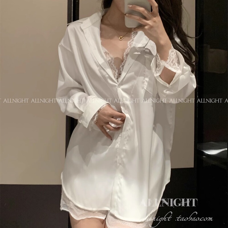 Allnight: White Night Beauty Boyfriend Style White Shirt Sexy Pajamas Women's Pure Desire Style Homewear Two-Piece Set