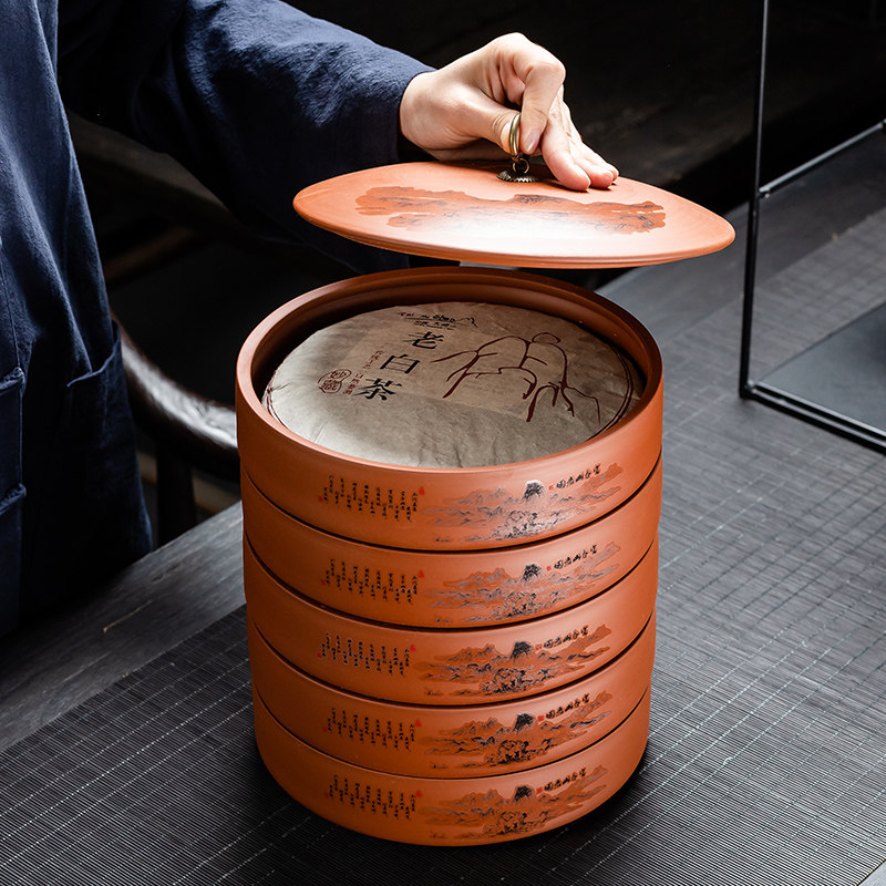 Puyu tea cake tank large ceramic sealing cans Puyu tea cake cans bamboo drawer multi-layer tea box tea ceramic accessories
