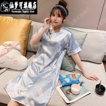 Pajamas womens summer short sleeves Ice Silk cute students large size sexy long silk nightgown 2021 New Thin