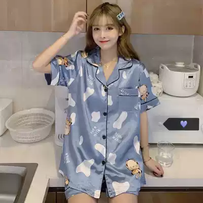 Pajamas women's summer ice silk thin sexy cute silk short-sleeved two-piece suit spring and Autumn homewear letter rabbit