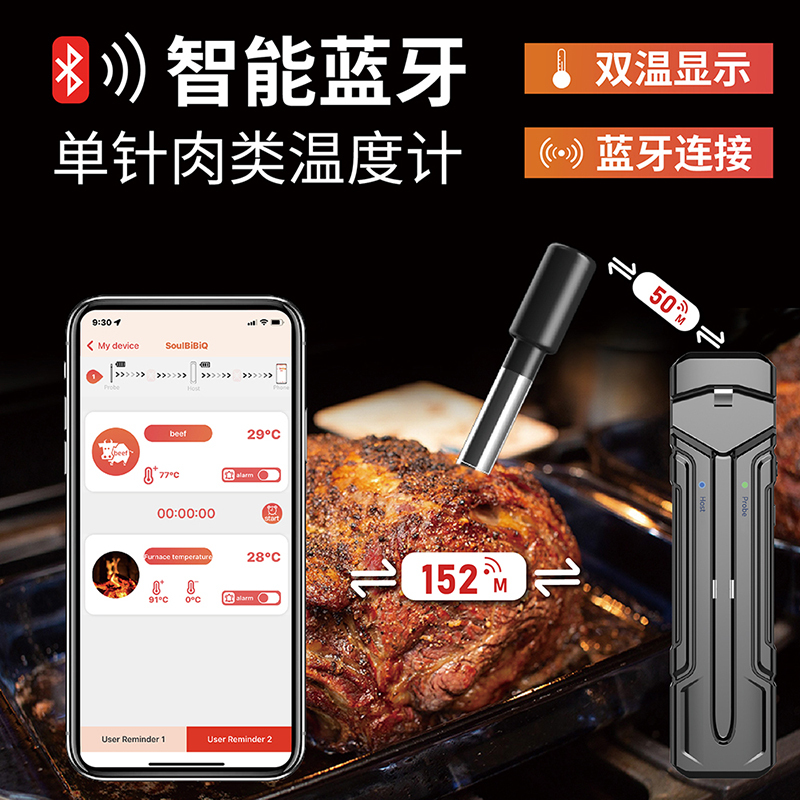 Bluetooth App Wireless Remote Probe Kitchen Food Barbecue Thermometer Single Probe Waterproof Grade Dual Temperature Display