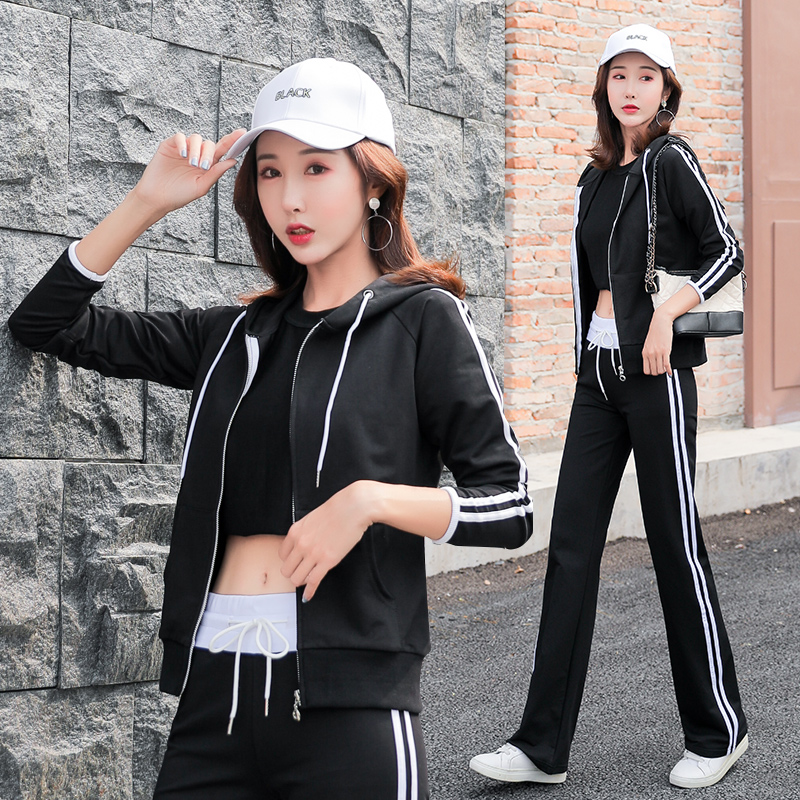 Casual sports suit women's fashion brand 2022 spring and autumn new black loose fashion thick T-shirt large size two-piece set