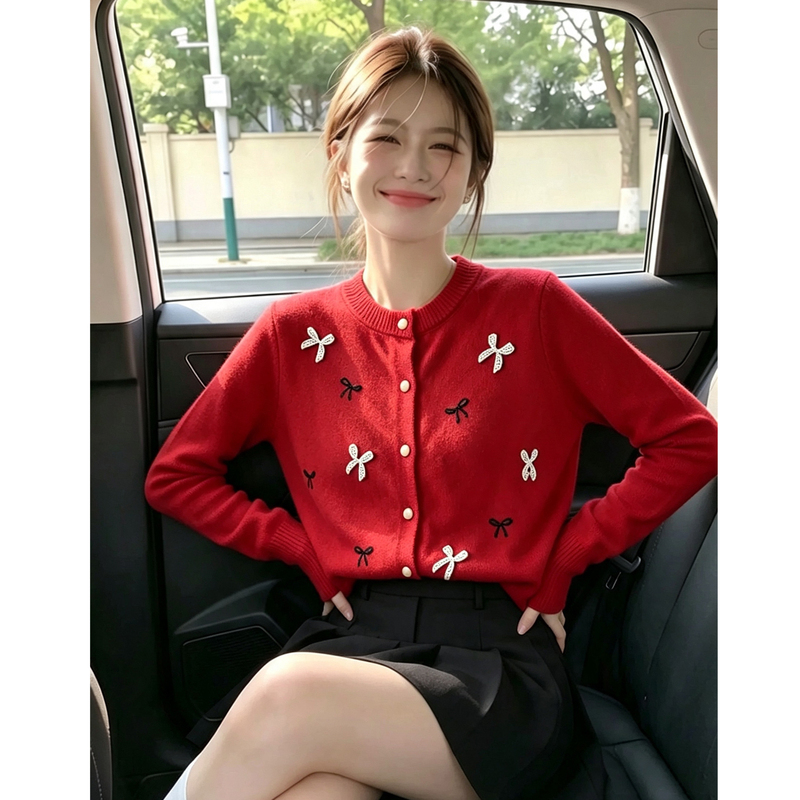 Red Bowknot Sweater with Single-Breasted Buttons, 2026 Autumn New Versatile Youthful Soft Round-Neck Knit Cardigan Top