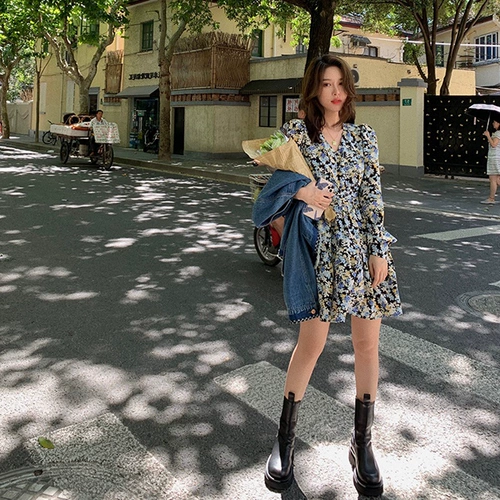 Осеннее ретро шифоновое платье, юбка, коллекция 2022, подходит для подростков, французский ретро стиль, V-образный вырез, в цветочек