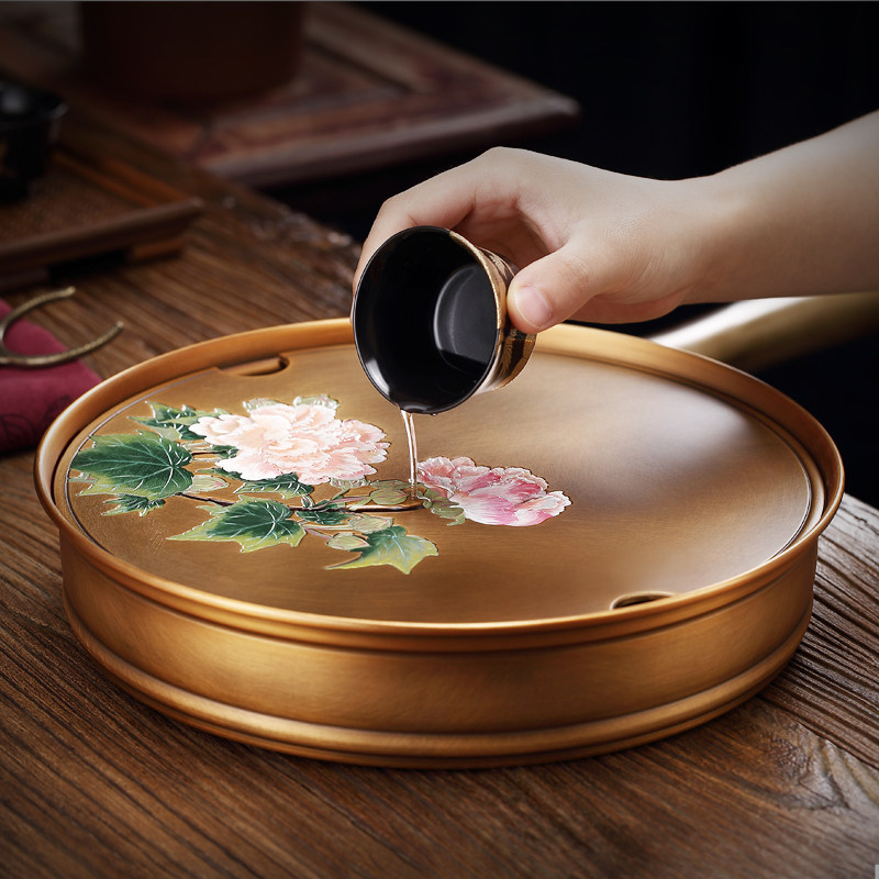 Pure handmade copper tea tray home water storage type kung fu tea tray round tray dry tea table tea tray tea sea tea set
