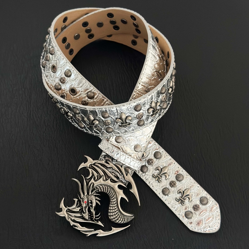 Ironworks Vintage Red-Eyed Silver Dragon Crackle Pattern Silver Belt Heavy Metal Rivet Texture Clothing Accessory Ironworks Vintage Red-Eyed Silver Dragon Crackle Pattern Silver Belt Heavy Metal Rivet Texture Clothing Accessory