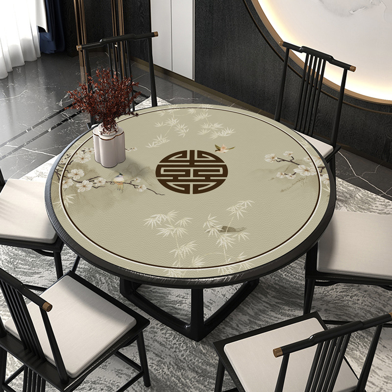 中式餐桌墊皮革圓桌桌布防水防油免洗防燙家用圓形桌面墊茶幾臺布