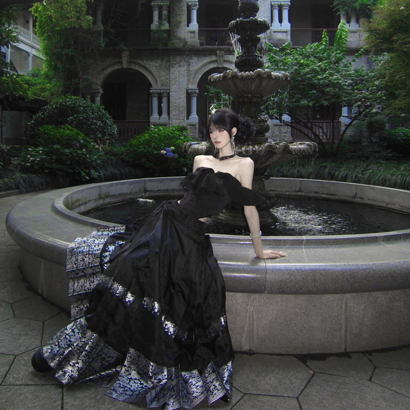 Jingyunyan [Tingchan] Original Hanfu Half-Skirt, Black and Silver Horse-Face Skirt, Imitation Floral Brocade, Versatile for Everyday Wear